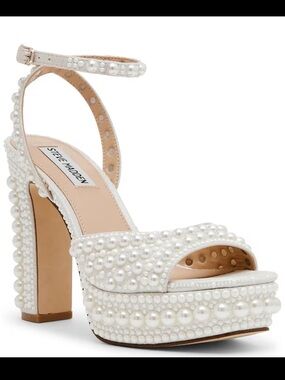 Steve Madden Assured Pearl Embellished Ankle Strap Block Heel Platform Sandals